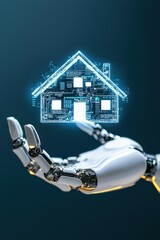 Poster - A robotic hand presenting a futuristic housing loan contract.
