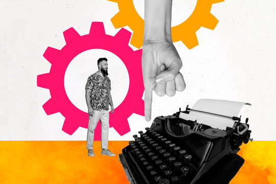 Exclusive art banner collage of serious man author stand retro typewriter gearwheel settings pinky finger hand gesture promise
