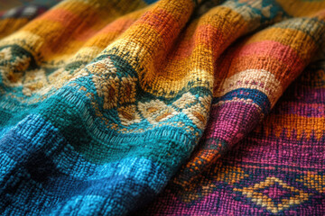 Poster - Multicolored woven textile with intricate patterns, showcasing vibrant hues and textured fabric.