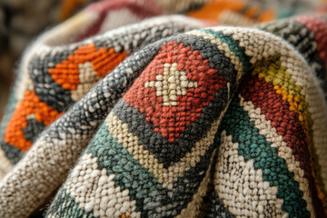 Poster - Close-up of a richly textured rug with vibrant geometric patterns in earthy tones.