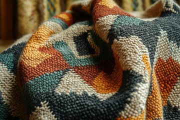 Poster - Close-up of a textured, multicolored woven rug with geometric patterns in earth tones.