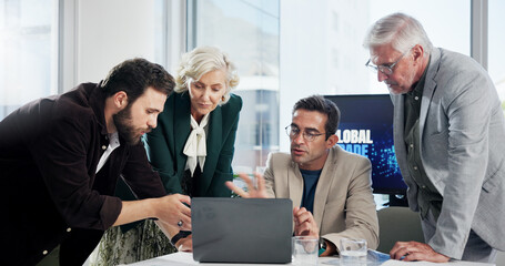 Poster - Review, colleagues and group with laptop, planning and collaboration for economic trends on website. Teamwork, reading and discussion for investment in company, financial analyst and tech for project