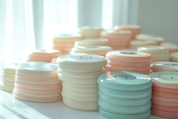 Aufkleber - Stacks of pastel-colored round objects, possibly ribbon spools or records, arranged near a window.
