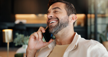 Aufkleber - Laughing, phone call and relax with man on sofa in living room of home for mobile conversation. Communication, funny and time off with happy person in apartment for weekend break or wellness