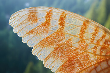 Poster - Close-up of intricate, translucent insect wing veins, showing delicate orange and white patterns against a blurred green background.