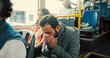 © peopleimages.com - Sneeze, tissue or sick man on bus to travel with flu symptoms, sinus illness or bacteria. Nose, virus or person in city with nasal infection on public transport for allergy season or morning commute