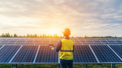 A clean energy engineer monitoring solar panel efficiency at a solar farm, advanced diagnostic tools in hand, vast arrays of solar panels under a bright sky