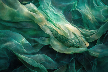 Poster - A fish gracefully hidden beneath layers of emerald green fabric, creating an ethereal underwater scene.