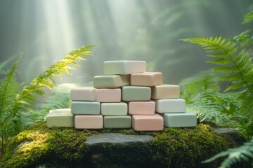Aufkleber - Pastel-colored blocks stacked pyramidally amidst lush green ferns and moss, bathed in soft sunlight.
