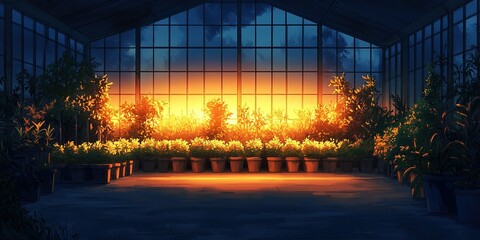 Poster - Sunset illuminates a greenhouse filled with plants and pots during the evening hours
