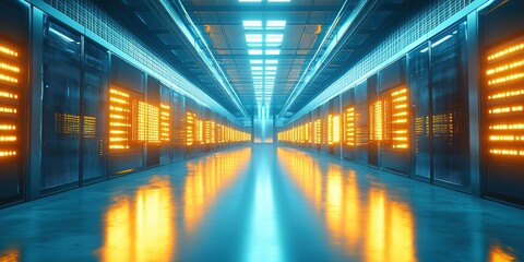 Poster - Futuristic data center with glowing lights and sleek technology in an expansive hallway