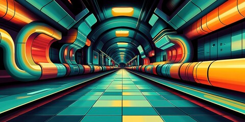 Poster - Vibrant and futuristic underground tunnel with colorful pipes and lighting showcasing modern design aesthetics