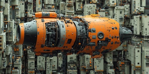 Poster - Futuristic orange spacecraft surrounded by advanced technology in a high-tech lab setting