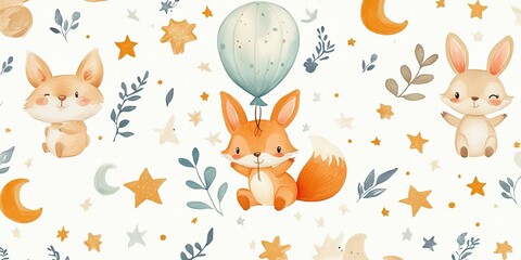 Poster - Cute animal illustrations featuring foxes, rabbits, and celestial elements on a playful background