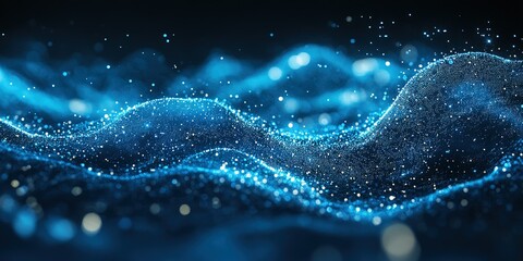 Poster - Dynamic blue waves shimmer under soft light in an abstract digital landscape