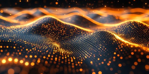 Fototapete - Abstract visualization of digital waves with glowing particles in a dark setting