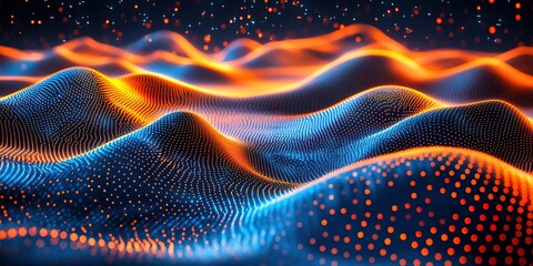 Fototapete - Vibrant digital landscape with flowing waves of orange and blue particles in a futuristic design
