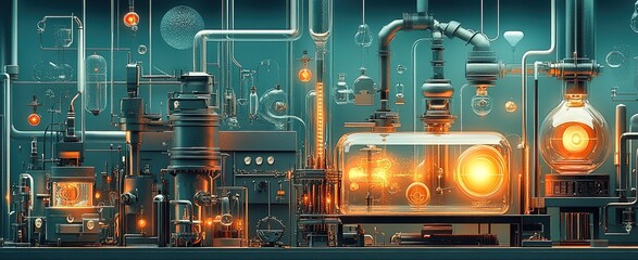 Poster - Complex industrial machinery with glowing components operates in a futuristic lab setting during nighttime