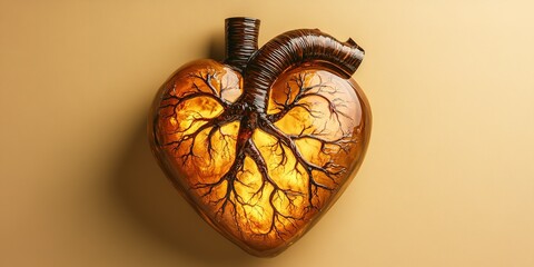 Poster - Heart sculpture with artistic tree roots illuminated against a golden background