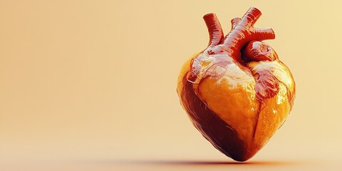 Poster - Realistic 3D model of a human heart on a soft orange background showcasing anatomical details and texture