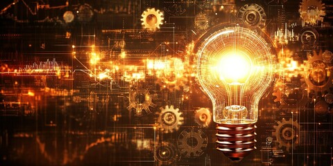 Poster - Concept of innovation and technology represented by a glowing light bulb surrounded by gears and circuits in a digital atmosphere