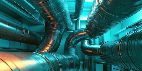 Poster - Metallic pipes intertwine in an industrial setting under blue and orange lighting showcasing a complex infrastructure