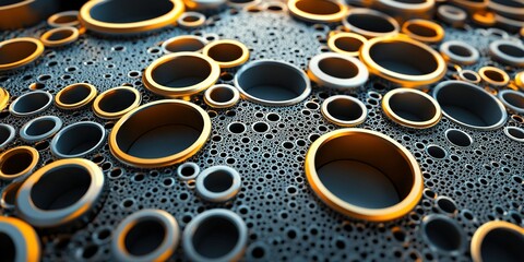 Poster - Intricate arrangement of circular structures with contrasting metallic and dark textures illuminated in soft light