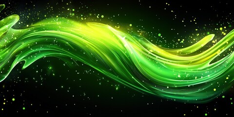Fototapete - Abstract green wave with luminous particles and dynamic motion