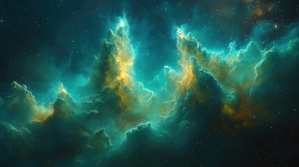 Wall Mural - Teal and gold nebula swirls across dark space, speckled with stars