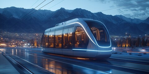 Poster - Modern light rail train operates on urban tracks in a snowy mountain landscape during evening hours