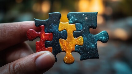 Wall Mural - Hand holding three connected cosmic jigsaw puzzle pieces