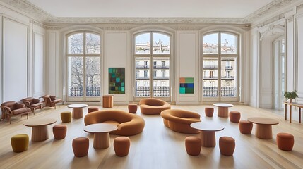 Poster - Spacious interior design featuring seating and circular tables and art