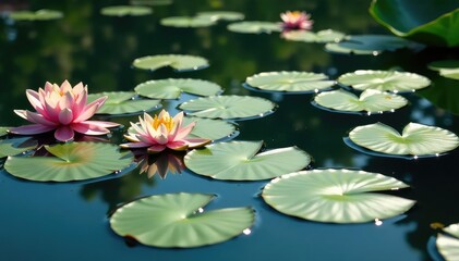 Wall Mural - water lilies forming a natural floral pattern across a still lake, environment, green