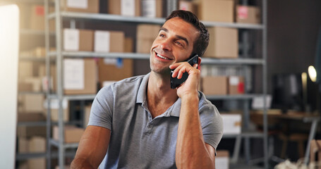 Aufkleber - Logistics, phone call and smile with man in warehouse for communication or update. Boxes, conversation and supply chain with employee in distribution office for delivery, ecommerce or shipping