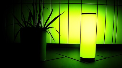 Poster - A glowing cylindrical lamp next to a potted plant indoors