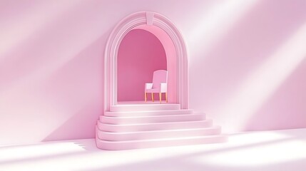 Poster - A light pink chair is inside of an arched entryway