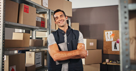 Fototapete - Portrait, boxes and man in warehouse, arms crossed and smile with confidence, ecommerce and supply chain. Happy, person and employee with pride, distribution center and delivery with freight service