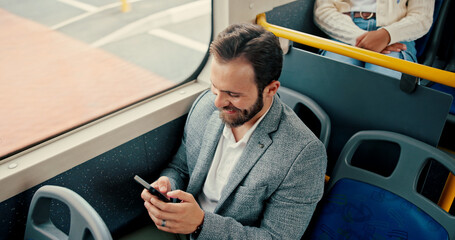 Poster - Businessman, phone and texting in bus, smile and travel with web chat, search and typing email on commute. Person, smartphone and above with mobile app, window and social media on public transport