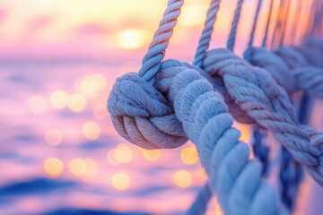 Poster - Close-up of nautical rope knot at sunset, soft focus background.