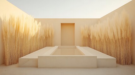 Poster - Minimalist outdoor space featuring water and decorative feathery plants