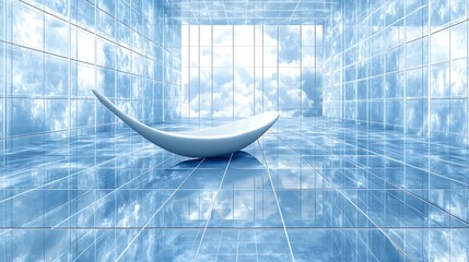 Poster - A futuristic interior features a curved object with reflections of clouds