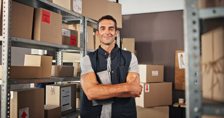 Poster - Portrait, distribution and man with arms crossed, boxes and smile with confidence, supply chain or warehouse. Logistics, person or employee with pride, ecommerce or delivery with storage or inventory