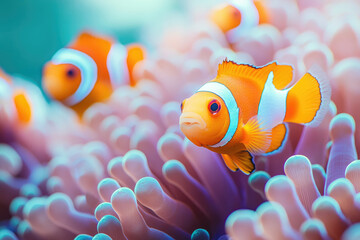 Poster - Vibrant orange clownfish with white stripes swim among the tentacles of a sea anemone in a coral reef.