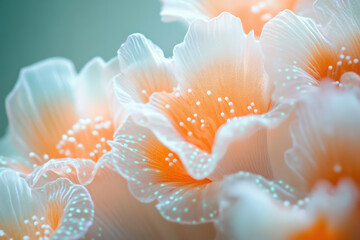 Poster - Delicate, peach-hued flowers with glowing accents, showcasing intricate petal details.