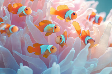 Poster - A group of vibrant clownfish swim amidst the delicate, pastel-colored tentacles of a sea anemone.