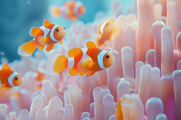 Poster - Vibrant clownfish swim amidst delicate, pale pink sea anemones in a coral reef.