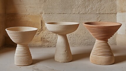 Poster - Three decorative pedestals made of textured material are showcased together
