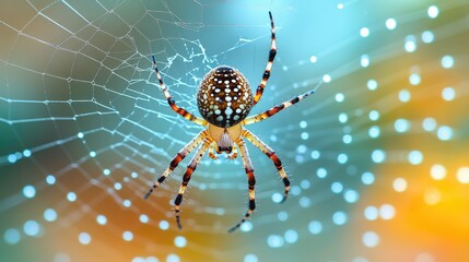 Close-up of a vibrant spider weaving its intricate web in a serene garden setting with bright bokeh background