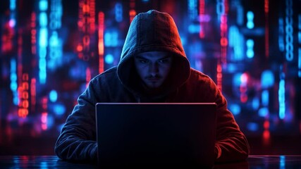 Mysterious figure engages with technology in dark environment filled with code and digital effects