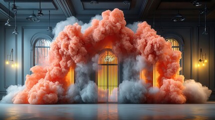 Poster - A stunning scene featuring vibrant smoke colors creating a dramatic atmosphere in a spacious interior. Copy space, commercial use